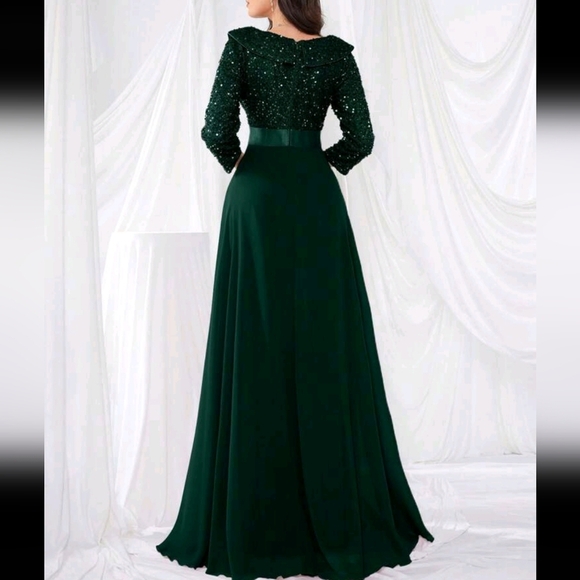 3/4 Sleeve Sequins Patchwork Flared Formal Dress, Elegant Semi Formal Prom Dress - Picture 4 of 4